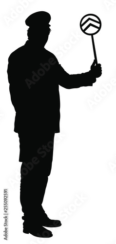 Railroader in uniform vector silhouette. Railway man on duty. Platform controller at a steam railway station. Railway worker traffic controller giving a signals to the train crew. Metro travel concept