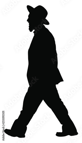 Amish man in suite vector silhouette illustration. Jewish business man. Tourist man traveler walking with hat vector silhouette isolated on white. Diamond merchant. Jeweler buyer, trader from Israel.