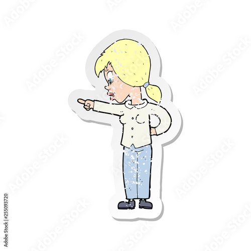 retro distressed sticker of a cartoon enthusiastic woman pointing