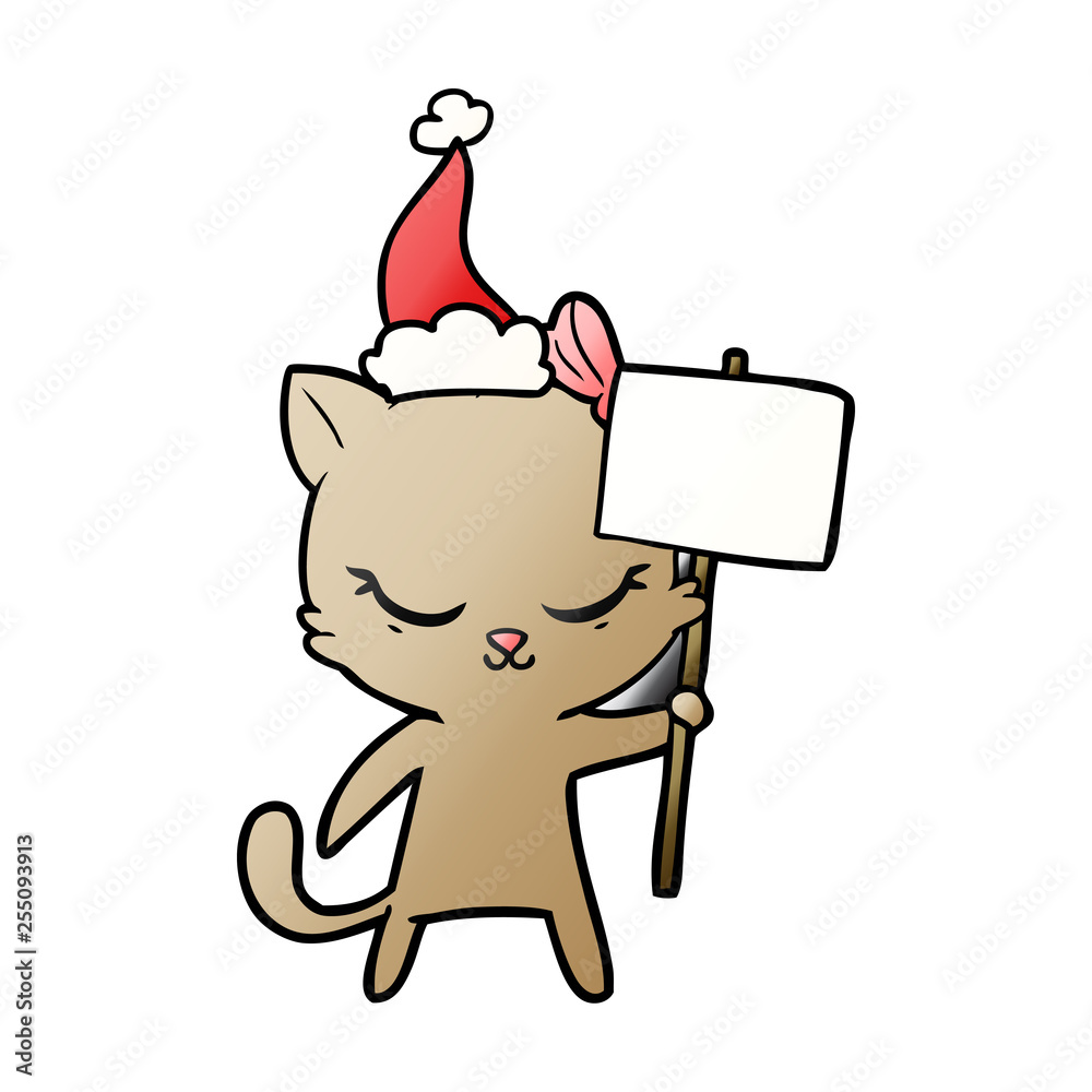 Obraz premium cute gradient cartoon of a cat with sign wearing santa hat