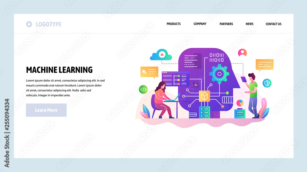Vector web site design template. Machine learning and AI artificial intellegence, robot technology, big data science. Landing page concepts for website and mobile development. Modern flat illustration