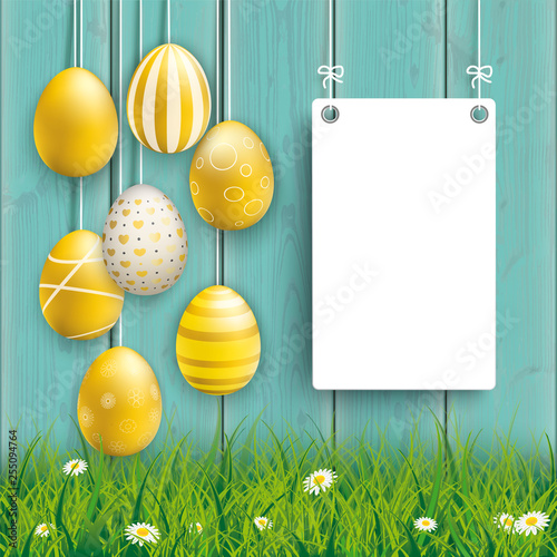 Hanging Golden Easter Eggs Cyan Wood White Board