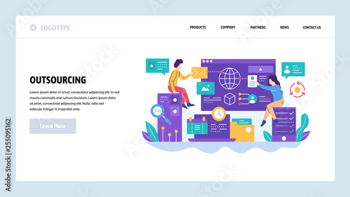Vector web site design template. Outsourcing and software development. Team working with new project. Landing page concepts for website and mobile development. Modern flat illustration
