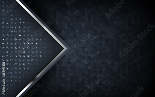 Dark abstract background with circle and black overlap layers. Silver list and silver glitters dots element on hexagon textured background.