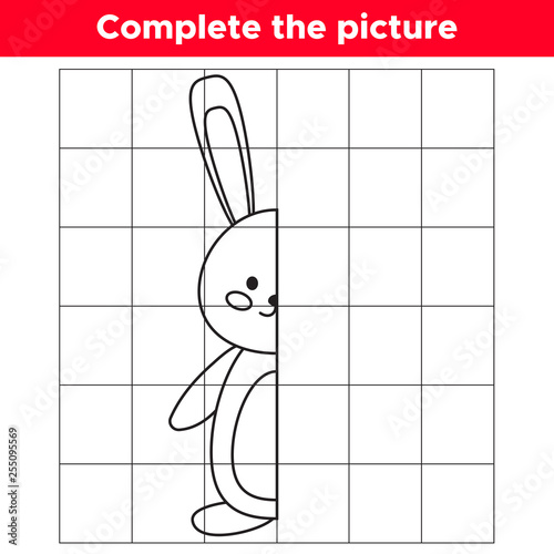 Complete the picture kawaii cartoon rabbit. Copy the picture. Educational game for children. Coloring book. Vector illustration.