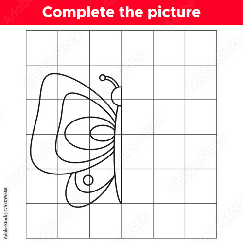 Complete the picture cute cartoon butterfly. Copy the picture. Educational game for children. Coloring book. Vector illustration.