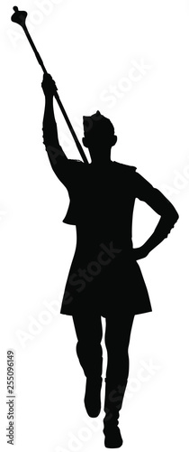 Majorette performing vector silhouette illustration. Beautiful dancer girl on the carnival. Street performer music event. Public festival.