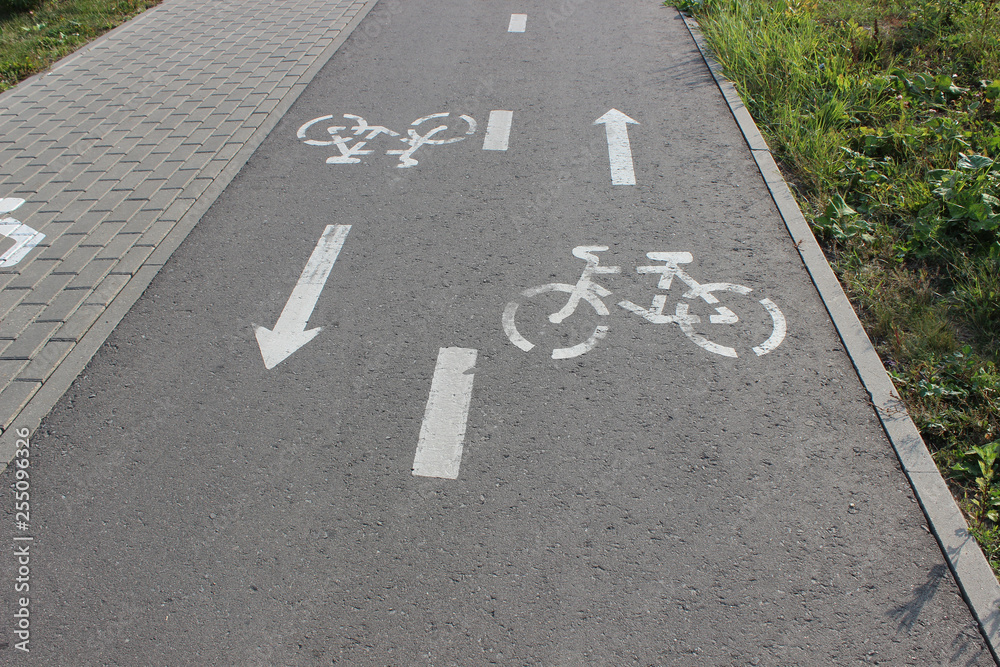 Obraz premium Path for pedestrians and bicycles: markings on pavement
