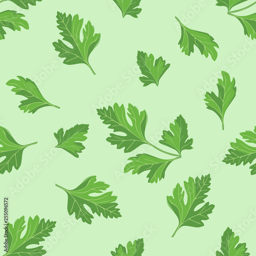 Parsley seamless pattern on green background. Vector illustration of fragrant herbs in cartoon simple flat style.