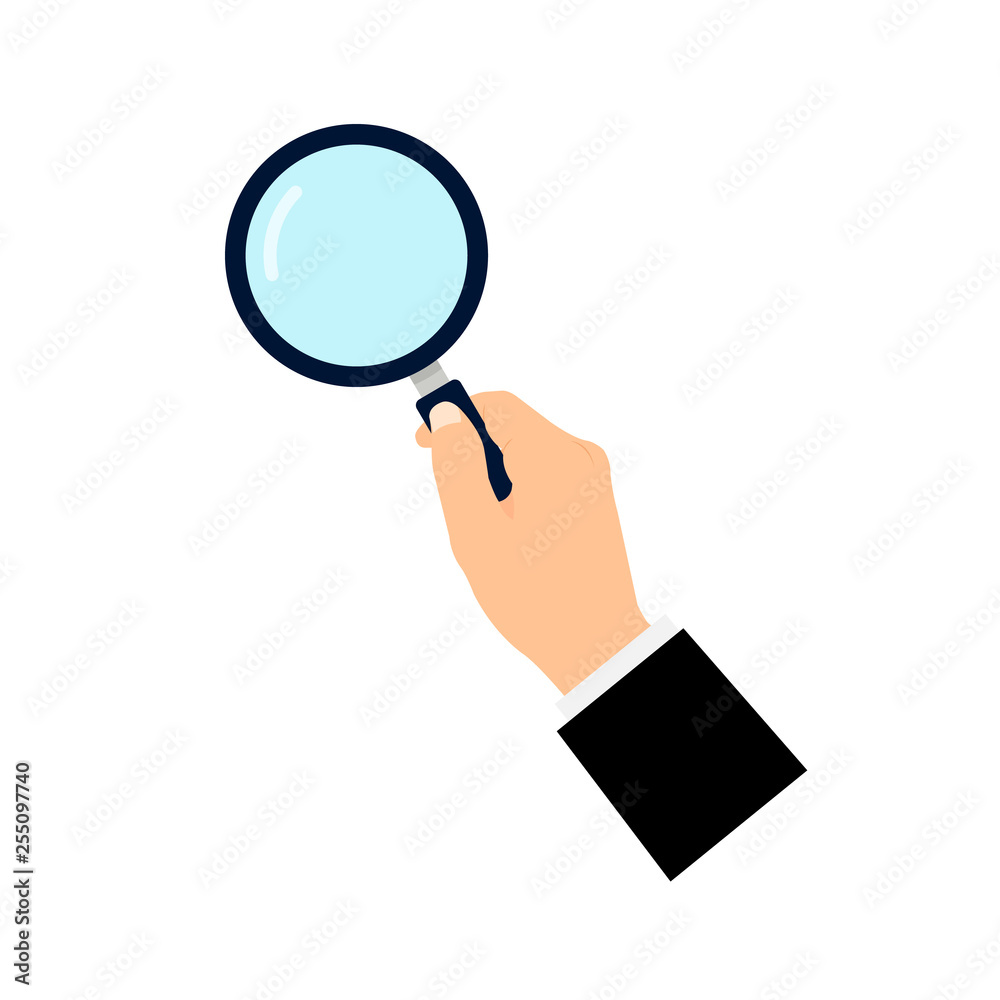 Man businessman holding a magnifying glass in hand flat isolated on white background Man businessman holding a magnifying glass in hand flat isolated on white background