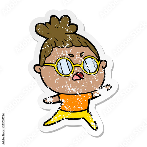 distressed sticker of a cartoon annoyed woman