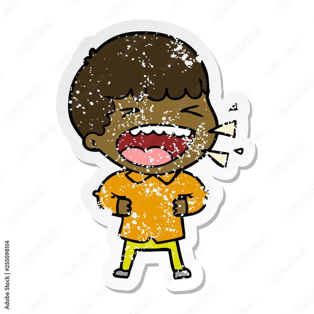 distressed sticker of a cartoon laughing man