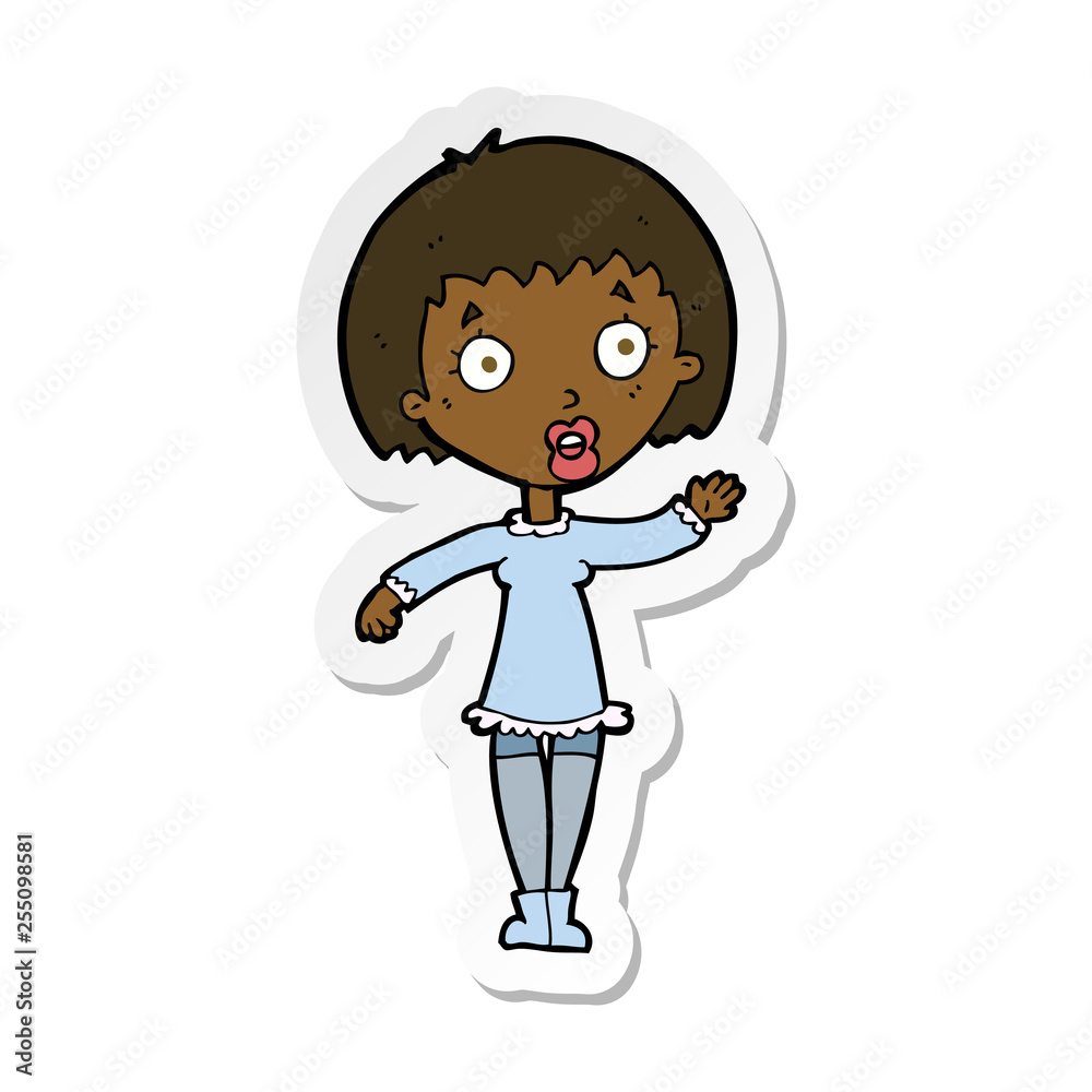 sticker of a cartoon waving woman sticker of a cartoon waving woman
