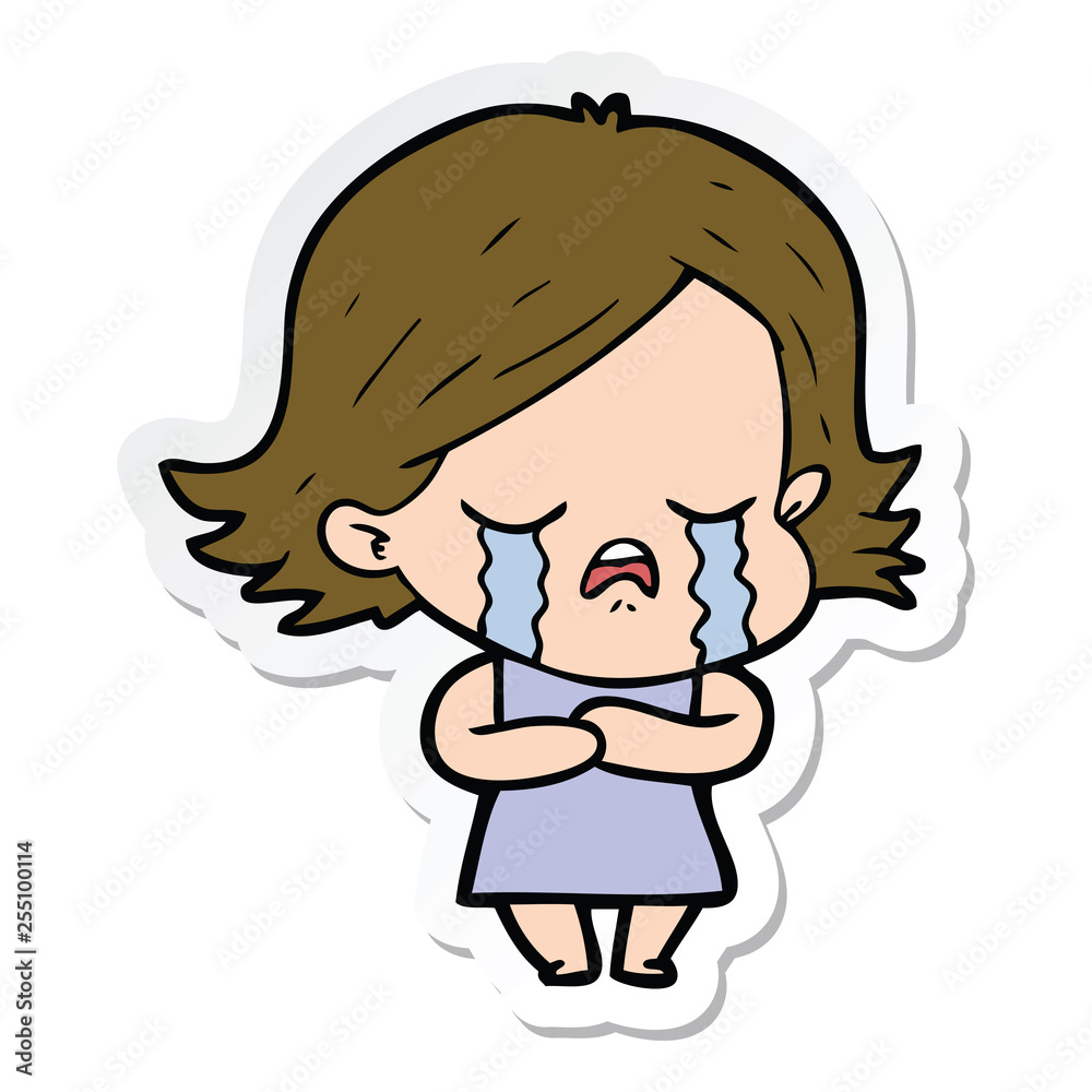sticker of a cartoon girl crying