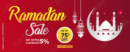 Ramadan Kareem sale offer banner design with ornament lantern moon background for promotion poster, discount, gift, voucher, web header and banner, greeting card of eid Mubarak, vector illustration