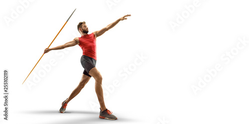 Fotografie Young male javelin thrower throwing a spear on white background