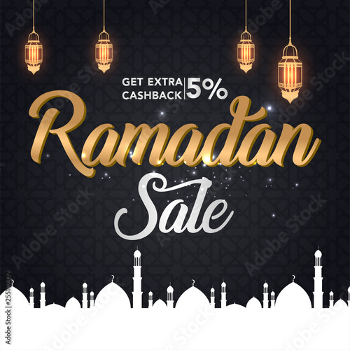 Ramadan Kareem sale offer banner design with ornament lantern moon background for promotion poster, discount, gift, voucher, web header and banner, greeting card of eid Mubarak, vector illustration