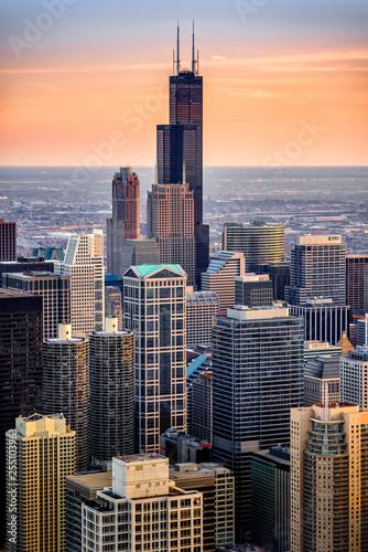 Willis tower seen from Hancock at sunset photo