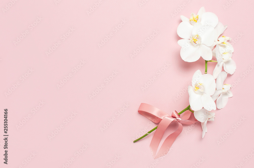 Fototapeta premium Beautiful White Phalaenopsis orchid flowers on pastel pink background top view flat lay. Tropical flower, branch of orchid close up. Pink orchid background. Holiday, Women's Day, Flower Card, beauty