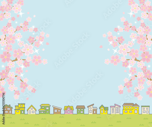 桜のある春の田舎の風景のイラスト(家の並びと空と草原)レクタングルバナーバージョン