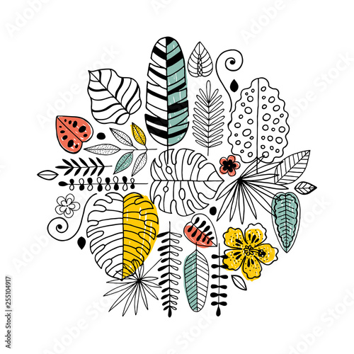 Tropical leaves round composition. Linear graphic. Tropical background. Scandinavian style. Vector illustration