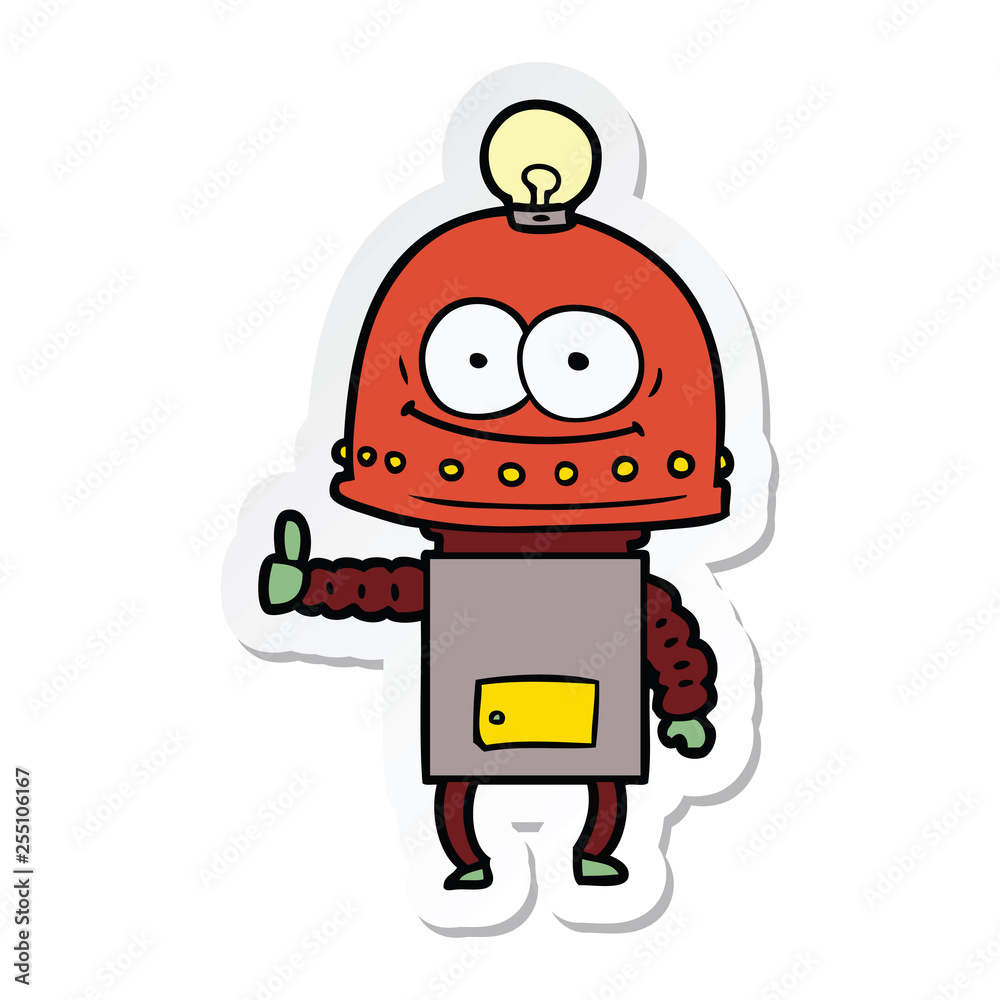 sticker of a happy carton robot with light bulb sticker of a happy carton robot with light bulb