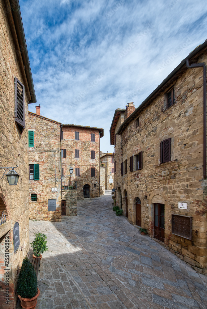 Interior of the typical medieval village of Monticchiello in the province of Siena Tuscany Italy