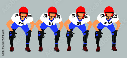 American football players on the scrimmage line vector. Rugby players team vector illustration. Defense formation in action. Professional league event, sport teamwork. 
