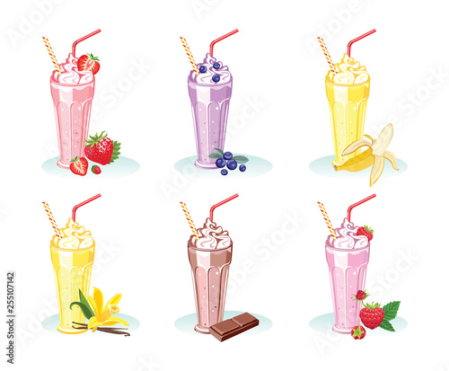Set of glasses with different milkshakes isolated on white background. Strawberries, raspberries, blueberries, vanilla, chocolate, banana. Vector illustration of sweet fresh drink in flat style.