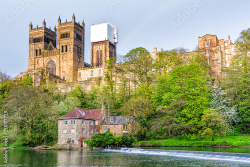 Durham Castle and Cathedral on their rock above the city, and Framwellgate Bridge spanning the River Wear, England, UK photo