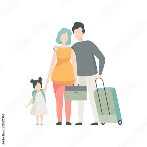 Family Travelling Together, Father, Mother and Daughter Standing with Suitcase Illustration