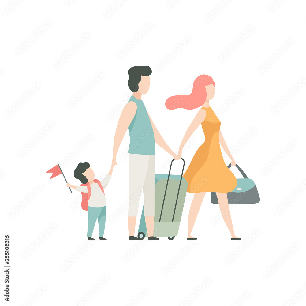 Family Travelling, Father, Mother and Son Going on Summer Vacation with Suitcases Vector Illustration Family Travelling, Father, Mother and Son Going on Summer Vacation with Suitcases Vector Illustration