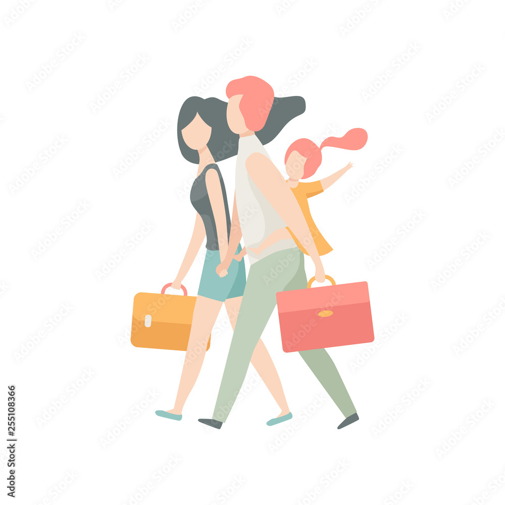 Family Travelling Together, Father, Mother and Daughter Walking with Suitcases Vector Illustration Family Travelling Together, Father, Mother and Daughter Walking with Suitcases Vector Illustration