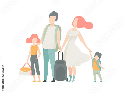 Family Travelling, Father, Mother Daughter and Son Going on Vacation Vector Illustration
