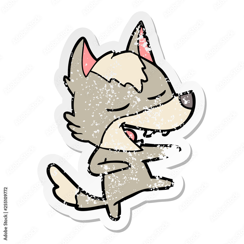 distressed sticker of a cartoon wolf laughing distressed sticker of a cartoon wolf laughing