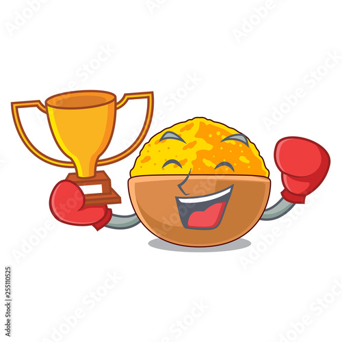 Boxing winner turmeric powder placed wooden cartoon table