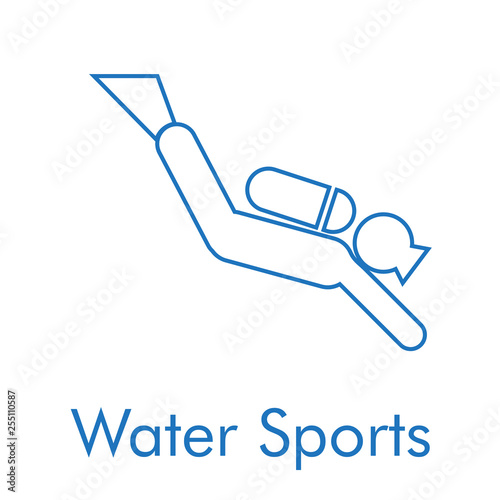 Logotipo abstracto con texto Water Sports con icono lineal buzo en color azul