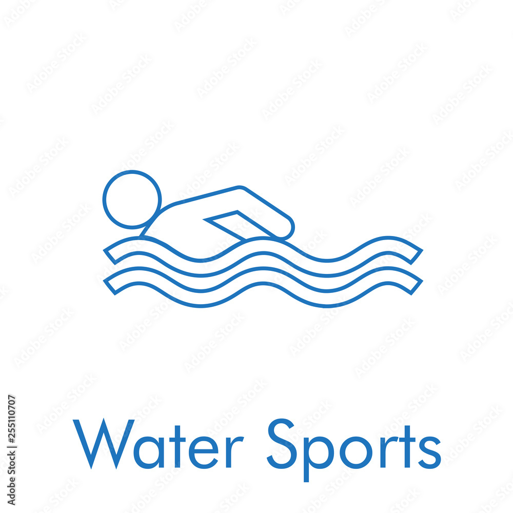Logotipo abstracto con texto Water Sports con icono lineal nadador en color azul Logotipo abstracto con texto Water Sports con icono lineal nadador en color azul