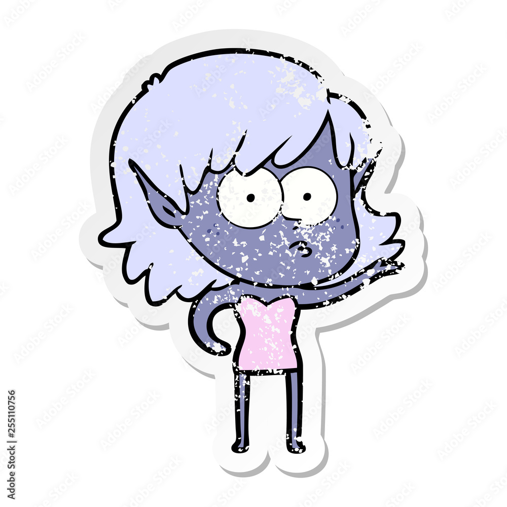 Fototapeta premium distressed sticker of a cartoon shocked elf girl