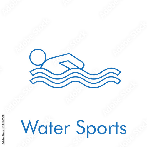 Logotipo abstracto con texto Water Sports con icono lineal nadador en color azul