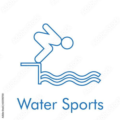Logotipo abstracto con texto Water Sports con icono lineal salto de trampolín en color azul photo