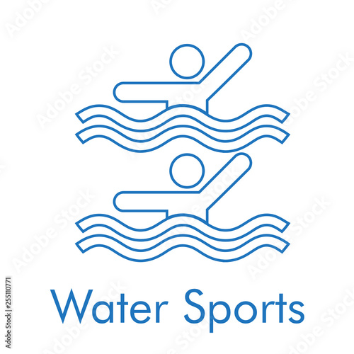Logotipo abstracto con texto Water Sports con icono lineal natación sincronizada en color azul
