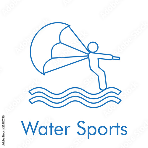 Logotipo abstracto con texto Water Sports con icono lineal kite surf en color azul