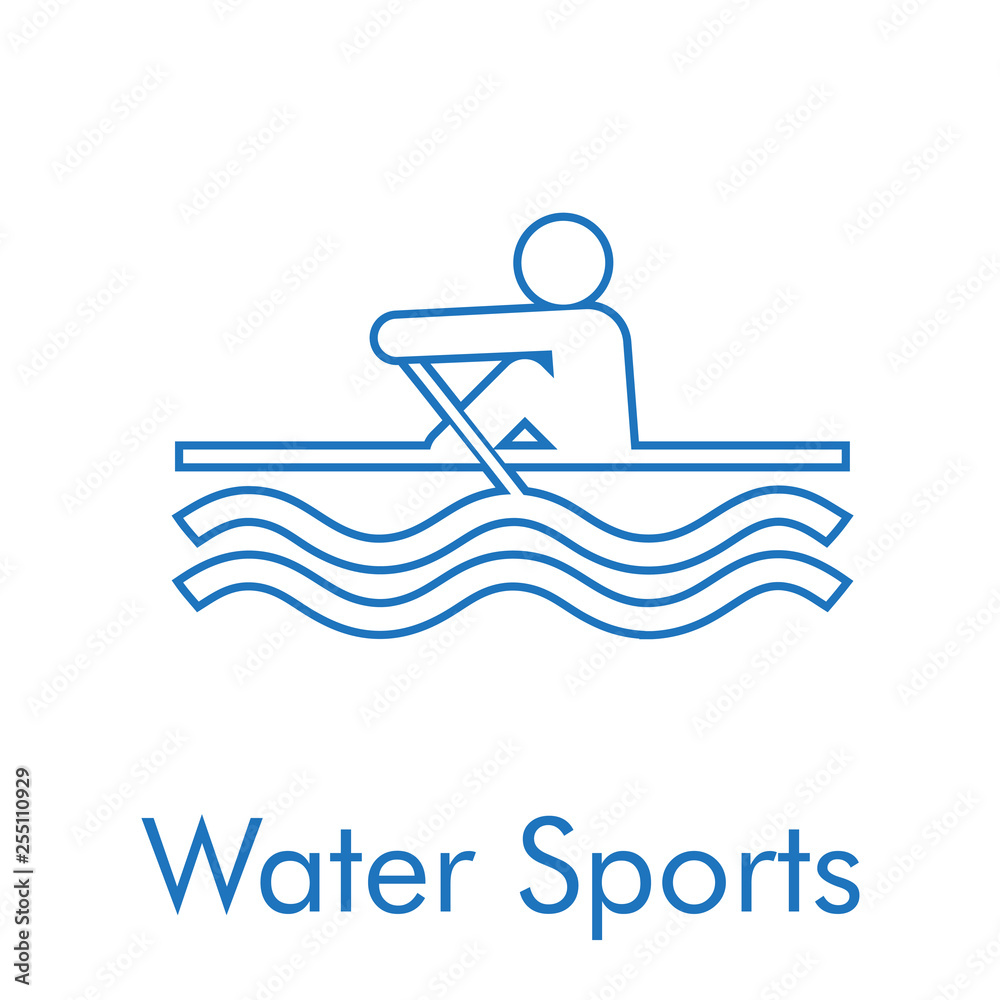 Logotipo abstracto con texto Water Sports con icono lineal canoa en color azul