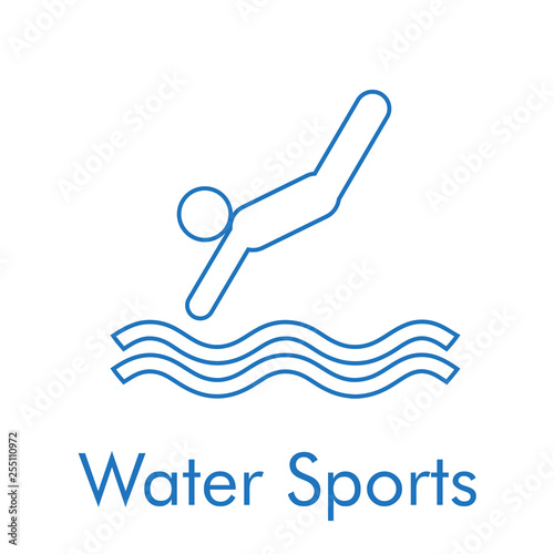 Logotipo abstracto con texto Water Sports con icono lineal salto de trampolín en color azul photo