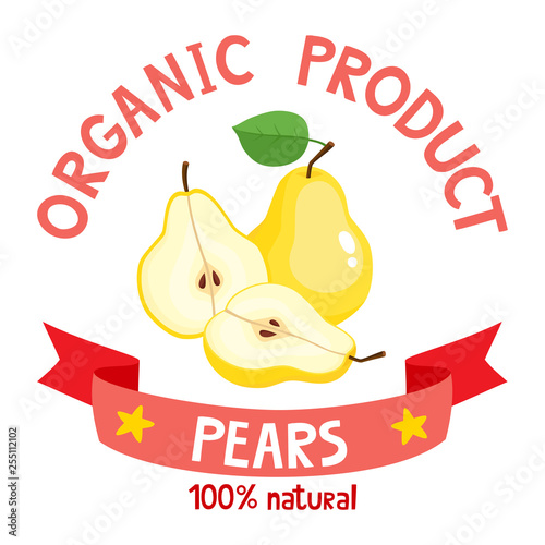 Vector illustration of organic badge with pear isolated on white.
