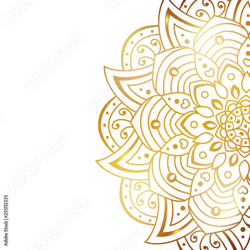 Clean white cover with gold beautiful flower. Golden vector mandala isolated on white background. A symbol of life and health. Invitation, wedding card, scrapbooking, magic symbol. photo