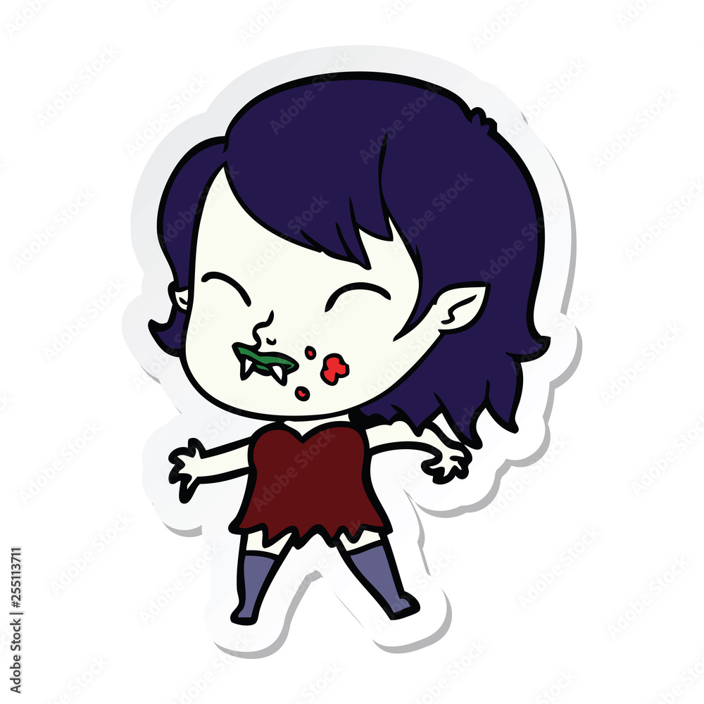 sticker of a cartoon vampire girl with blood on cheek sticker of a cartoon vampire girl with blood on cheek