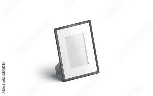 Blank white table photo frame mockup, isolated, 3d rendering. Empty memory card stand mock up, side view. Clear desk wood cadre with photography template.