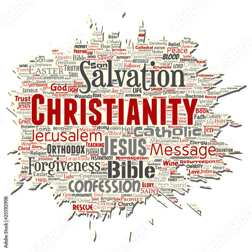 Vector conceptual christianity, jesus, bible, testament old torn paper  word cloud isolated background. Collage of teachings, salvation resurrection, heaven, confession, forgiveness, love concept